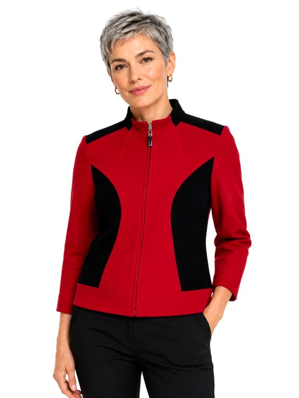 Louben Red Black Colorblock Cashmere Zip Jacket